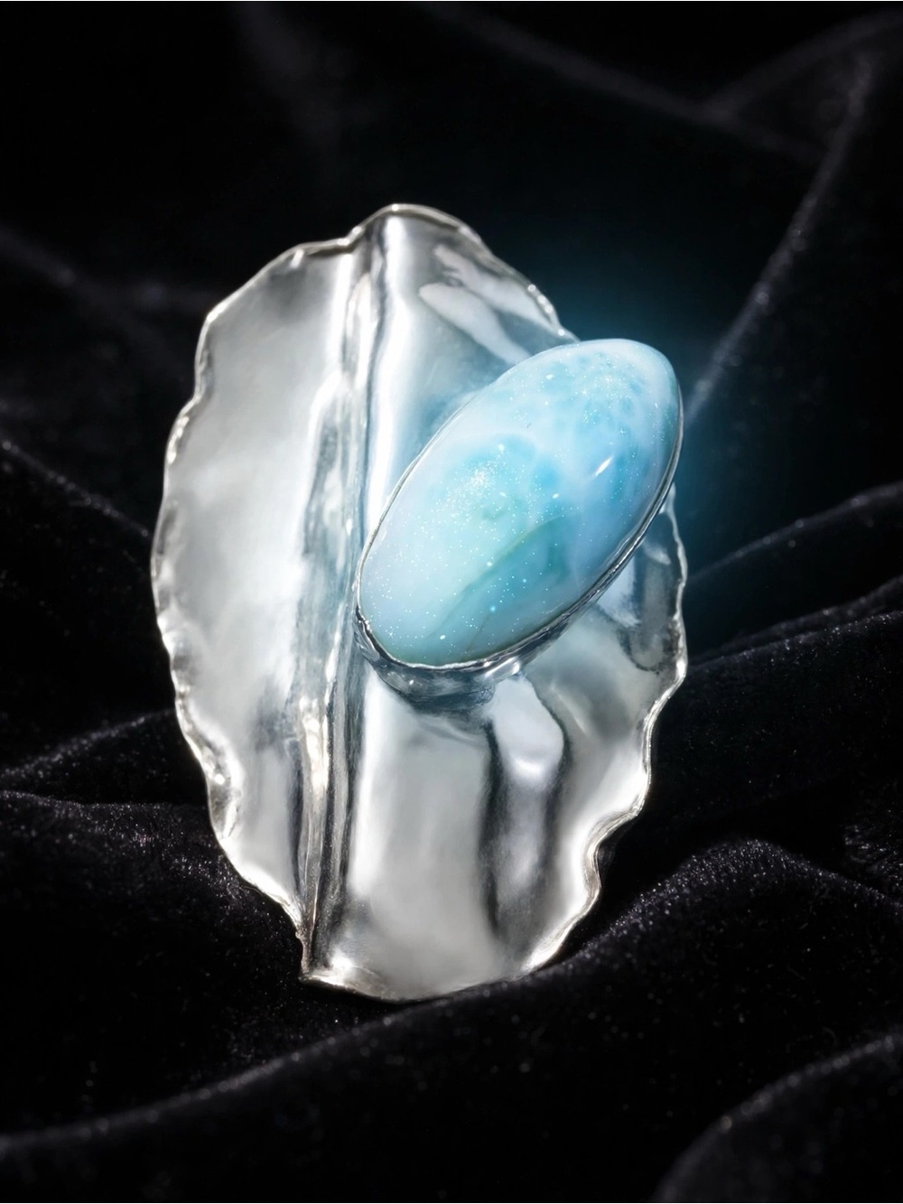 Handcrafted Silver Shell Ring with Larimar signed JS925